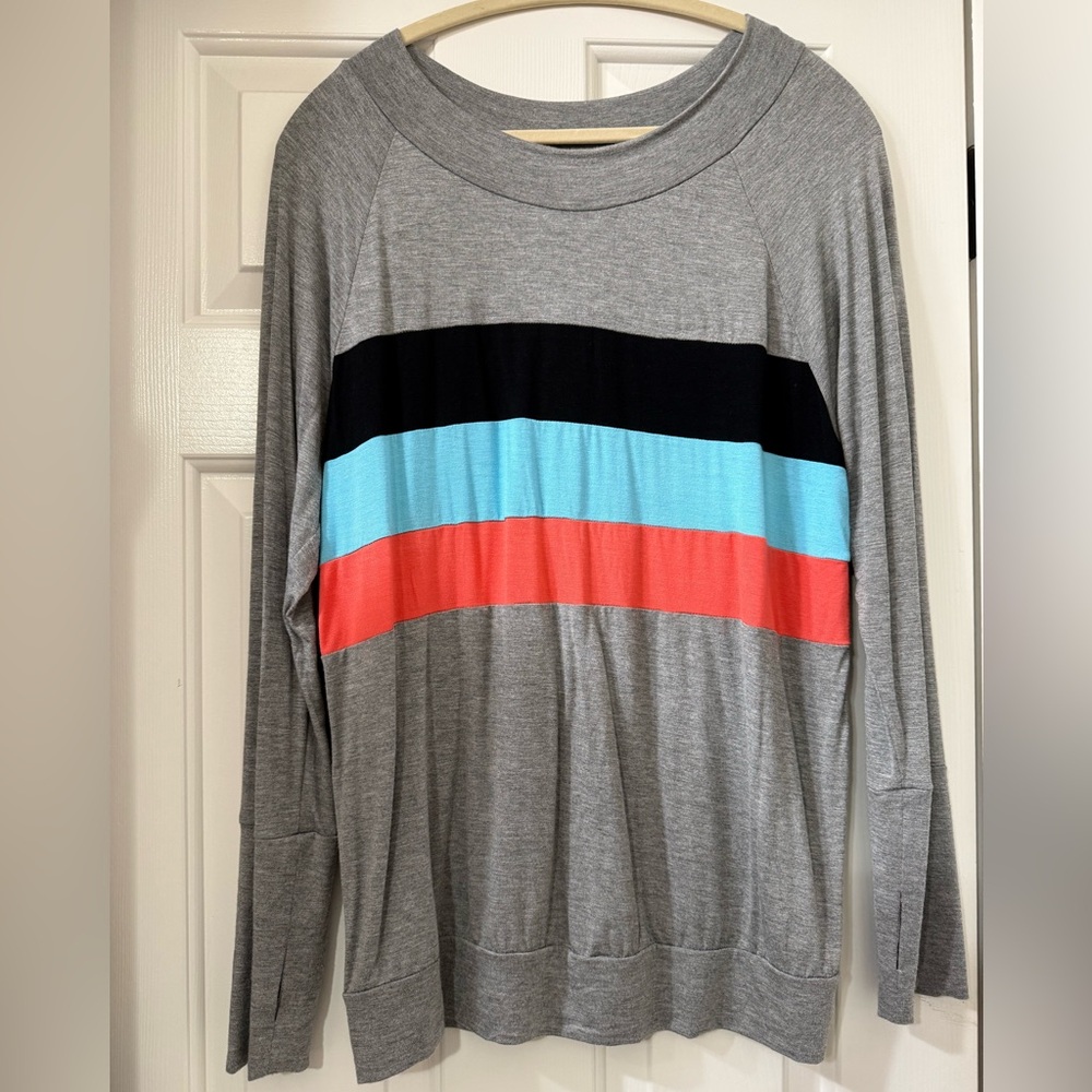 Gray Long Sleeve Top with Colorful Stripes by Blakeley